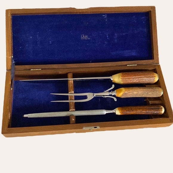 Case Other - CASE Vintage 3 Piece Antler Handled Carving Set in Wood Box.